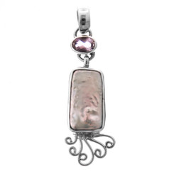 925 Silver Sale Biwa Freshwater Stick Pearl Amethyst Sterling Pendant, ! 1 9/16"