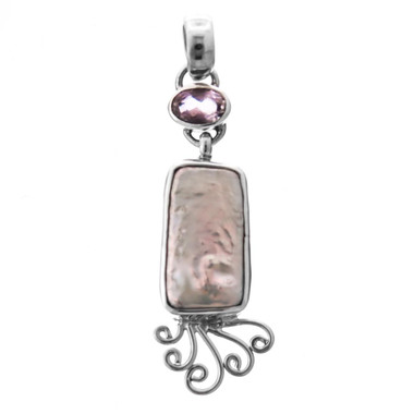 925 Silver Sale Biwa Freshwater Stick Pearl Amethyst Sterling Pendant, ! 1 9/16"