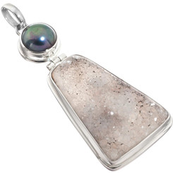 925 Silver Agate Druzy Drusy Freshwater Pearl Pendant, 2 1/4"