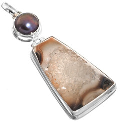 925 Silver Agate Druzy Drusy Freshwater Pearl Pendant, 2 1/4"