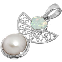 925 Silver Australian Natural Opal White Mabe Pearl Sterling Pendant, 1 1/2"