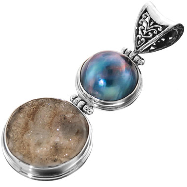 925 Silver Agate Natural Druzy Blue Mabe Pearl Scroll Sterling Pendant, 2 1/2"