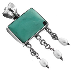925 Silver Turquoise Freshwater Pearl Sterling Pendant, 1 11/16"