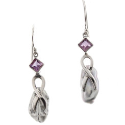925 Silver Biwa Freshwater Stick Pearl Amethyst Sterling Earrings, 1"