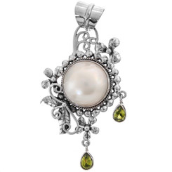 925 Silver White Mabe Pearl Peridot Sterling Pendant, 2 3/16"