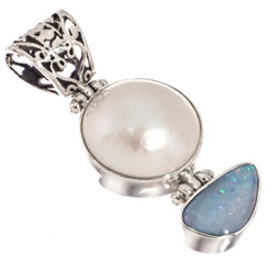 925 Silver Genuine Big Australian Opal White Mabe Pearl Sterling Pendant, 1 5/8"