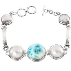 925 Silver Larimar Biwa Pearl Sterling Bracelet, 8"