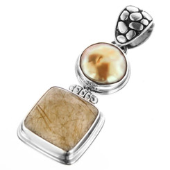 925 Silver Rutilated Quartz Biwa Pearl Sterling Pendant, 1 3/4"