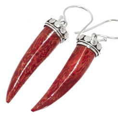 925 Silver Cool Red Sponge Coral Tooth Sterling Drop Earrings, 1 1/4"