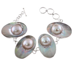 925 Silver Bold 4 Link Mabe Blister Pearl In Shell Sterling Bracelet, 7.5"