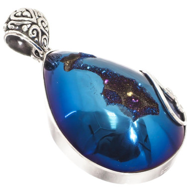 925 Silver Pear Cobalt Blue Titanium Druzy Teardrop Sterling Pendant, 1 7/8"