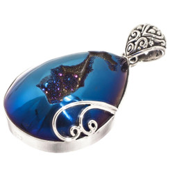 925 Silver Pear Cobalt Blue Titanium Druzy Teardrop Sterling Pendant, 1 7/8"