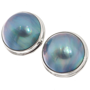 925 Silver Extra Big 18mm South Sea Blue Mabe Pearl Clip-on Earrings, 13/16"