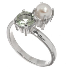 925 Silver Freshwater Button Pearl Prasiolite Green Amethyst Sterling Ring