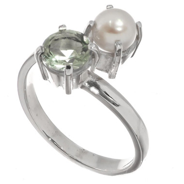 925 Silver Freshwater Button Pearl Prasiolite Green Amethyst Sterling Ring