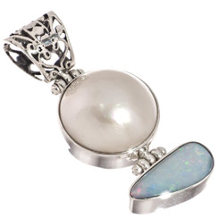 925 Silver Genuine Big Australian Opal White Mabe Pearl Sterling Pendant, 1 5/8"