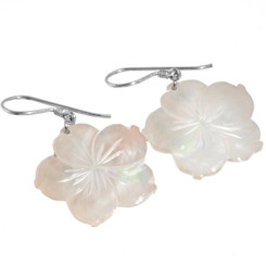 925 Silver Plumeria Flower Iridescent White Mother Of Pearl Shell Earrings, 1"