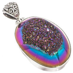 925 Silver Oval Sparkling Rainbow Titanium Agate Druzy Drusy Pendant, 1 3/4"