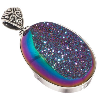 925 Silver Oval Sparkling Rainbow Titanium Agate Druzy Drusy Pendant, 1 3/4"