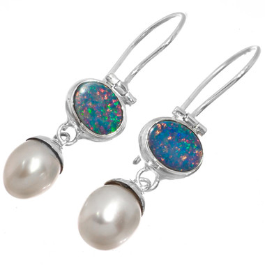 925 Silver Dainty Natural Australian Opal Freshwater Pearl Earrings, 1"