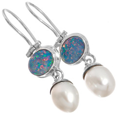 925 Silver Dainty Natural Australian Opal Freshwater Pearl Earrings, 1"