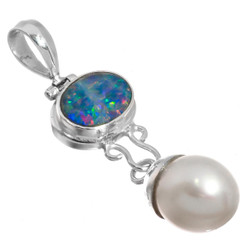 925 Silver Genuine Natural Australian Opal Freshwater Pearl Pendant, 1 1/4"