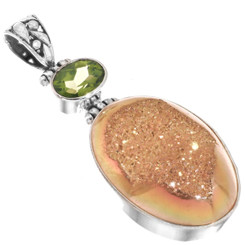 925 Silver Peridot Gold Pink Azalea Titanium Druzy Drusy Sterling Pendant, 2"