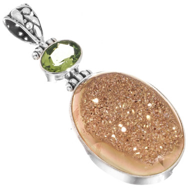 925 Silver Peridot Gold Pink Azalea Titanium Druzy Drusy Sterling Pendant, 2"