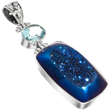 925 Silver Cobalt Blue Titanium Druzy Drusy Topaz Sterling Pendant, 1 13/16"