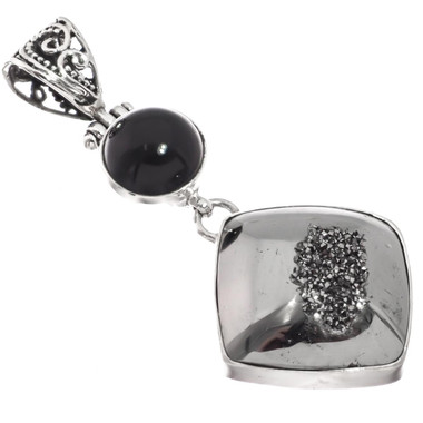 925 Silver Mist Titanium Agate Drusy Druzy Black Onyx Sterling Pendant, 2"