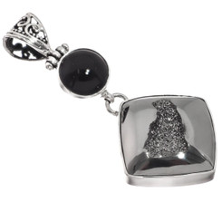 925 Silver Mist Titanium Agate Drusy Druzy Black Onyx Sterling Pendant, 2"