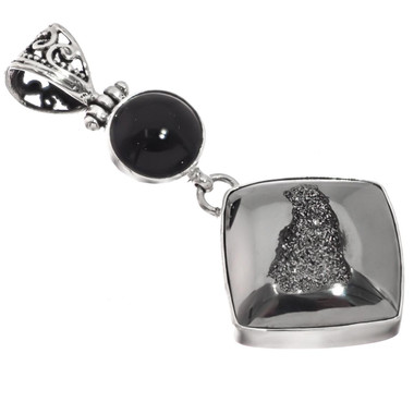 925 Silver Mist Titanium Agate Drusy Druzy Black Onyx Sterling Pendant, 2"