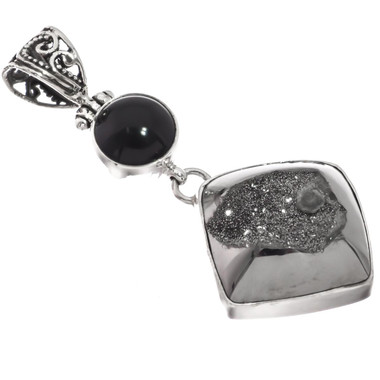 925 Silver Mist Titanium Agate Drusy Druzy Black Onyx Sterling Pendant, 2"