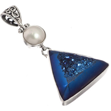 925 Silver Cobalt Blue Titanium Druzy White Mabe Pearl Sterling Pendant, 2"