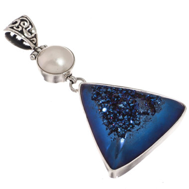 925 Silver Cobalt Blue Titanium Druzy White Mabe Pearl Sterling Pendant, 2"