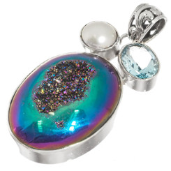 925 Silver Blue Topaz Rainbow Titanium Agate Druzy Pearl Sterling Pendant 1 7/8"