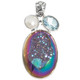 925 Silver Blue Topaz Rainbow Titanium Agate Druzy Pearl Sterling Pendant 1 7/8"