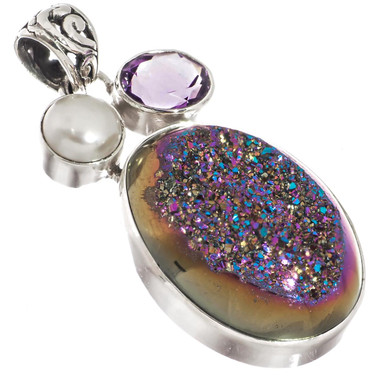 925 Silver Amethyst Rainbow Titanium Agate Druzy Pearl Sterling Pendant, 1 7/8"