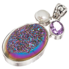 925 Silver Amethyst Rainbow Titanium Agate Druzy Pearl Sterling Pendant, 1 7/8"