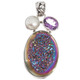 925 Silver Amethyst Rainbow Titanium Agate Druzy Pearl Sterling Pendant, 1 7/8"