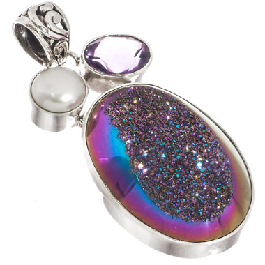 925 Silver Amethyst Rainbow Titanium Agate Druzy Pearl Sterling Pendant, 1 7/8"