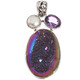 925 Silver Amethyst Rainbow Titanium Agate Druzy Pearl Sterling Pendant, 1 7/8"