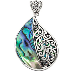 925 Silver Paua Handmade Bali Filigree Scrollwork Sterling Pendant, 2"