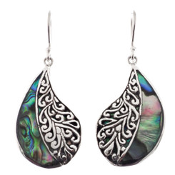 925 Silver Genuine Paua Abalone Filigree Scroll Sterling Earrings, 1 1/4"