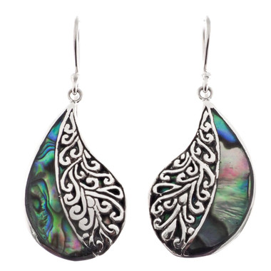 925 Silver Genuine Paua Abalone Filigree Scroll Sterling Earrings, 1 1/4"