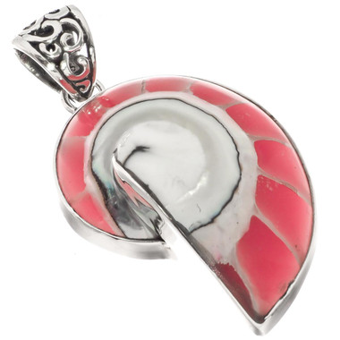 925 Silver Cool Open Pink Nautilus Shell Sterling Pendant, 1 3/4"