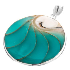 925 Silver Round Turquoise Blue Nautilus Shell Sterling Pendant, 2 3/16"