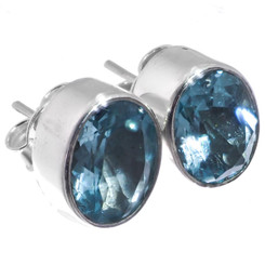 925 Silver Dainty Sparkling Oval Sky Blue Topaz Sterling Stud Earrings, 3/8"