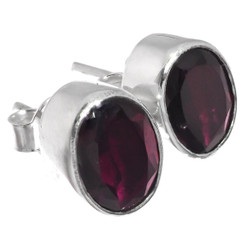 925 Silver Dainty Oval Red Garnet Sterling Post Stud Earrings, 3/8"