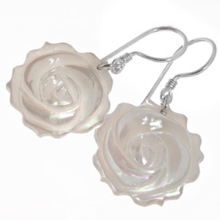 925 Silver Rose Flower Hand Carving White Mother Of Pearl Shell Earrings, 1"
